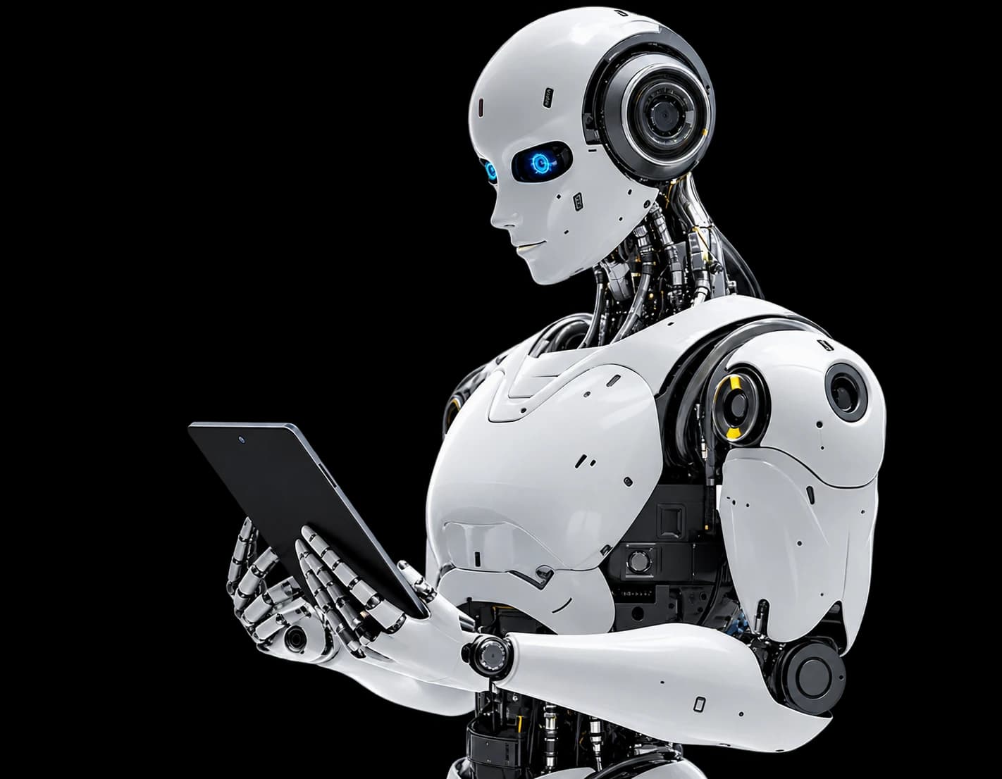 A humanoid AI assistant reviewing a dashboard on a tablet